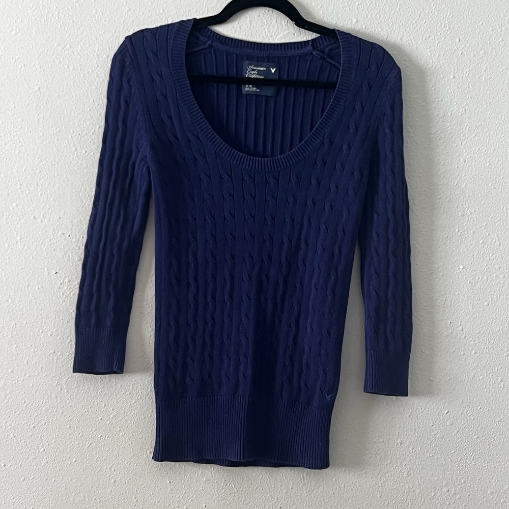 American Eagle‎ Cable Knit Sweater Women's M Fits XS Blue Cotton Elena Gilbert